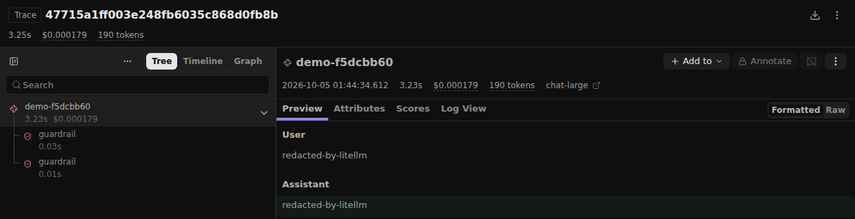 Une trace dans Langfuse : 3,25 s, 0,000179 dollar, 190 tokens, alias chat-large, deux étapes de masquage, et une entrée et une sortie qui valent redacted-by-litellm.